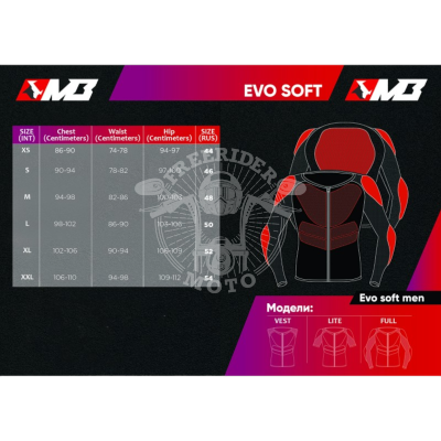 Размерная сетка защитных мотожилетов Madbull Evo Soft